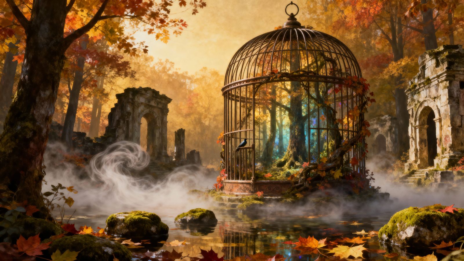 Mystical Forest Birdcage: Surreal Fantasy Art