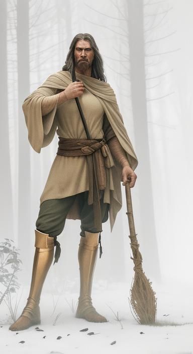 Giant in Misty Forest Holding Wooden Staff