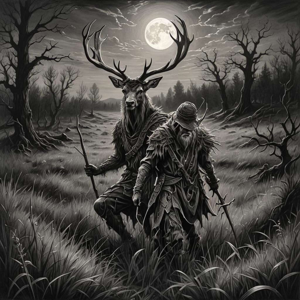 Moonlit Hunt: Detailed Charcoal Fantasy Landscape
