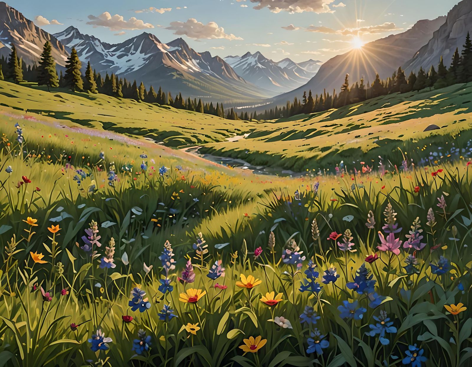 Lush Meadow of Wildflowers in Sunlight