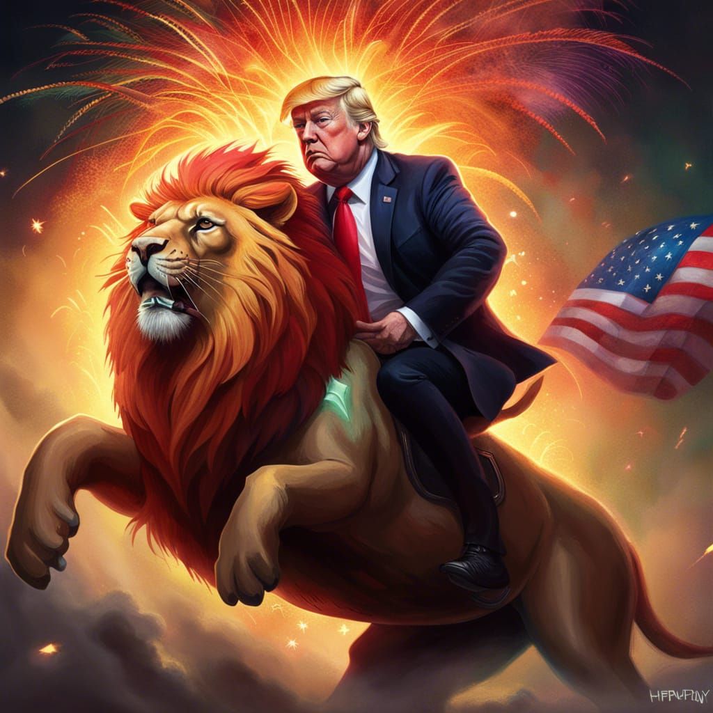 Hyperrealistic Trump Rides Lion in Fireworks Display