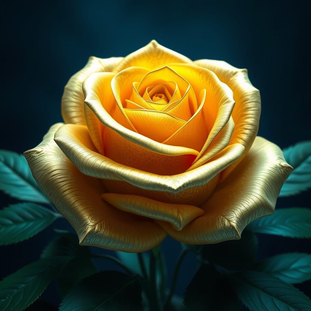 Golden Rose in Emerald Foliage with Sapphire Background