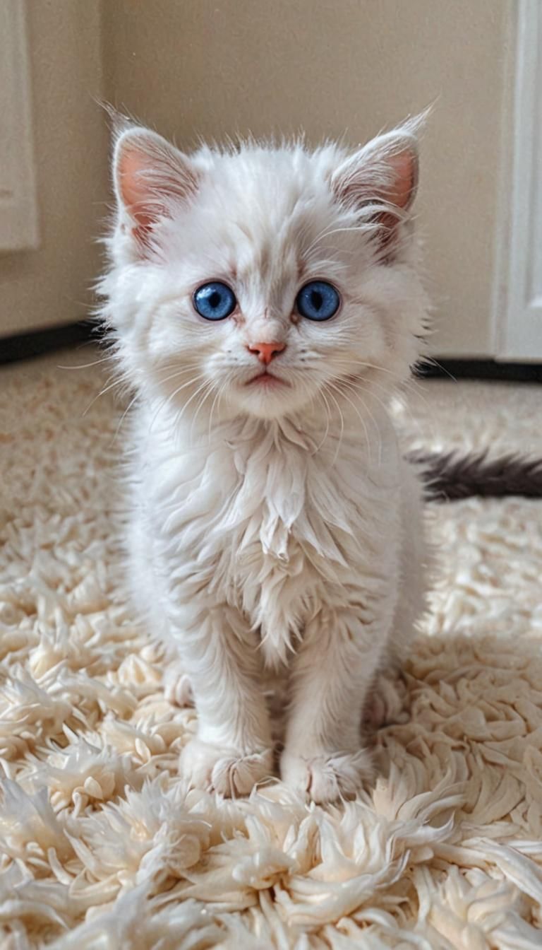 Adorable Fluffy White Kitten Creature with Big Blue Eyes