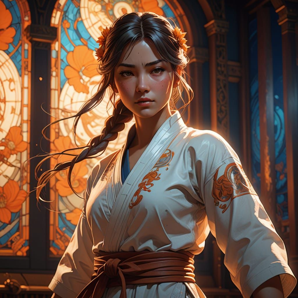 Confident Female Martial Artist in Serene Dojo Setting