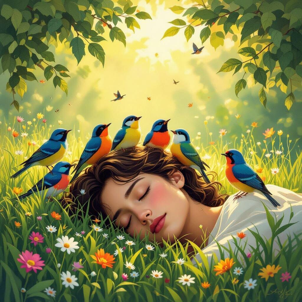 Joyful Birds Sing Over Sleeping Person in Golden Morning Lig...
