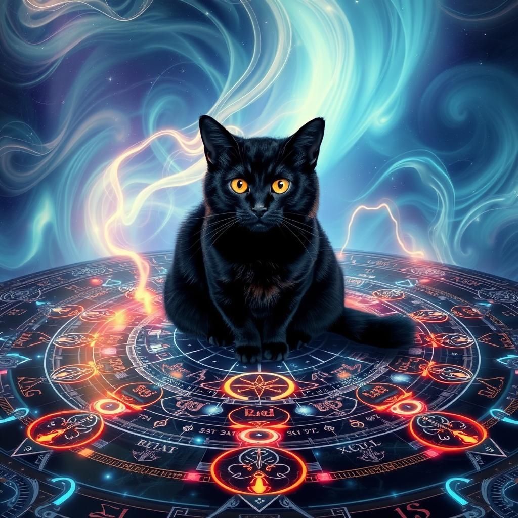 Mystical Cat in Cosmic Board Game Illustration