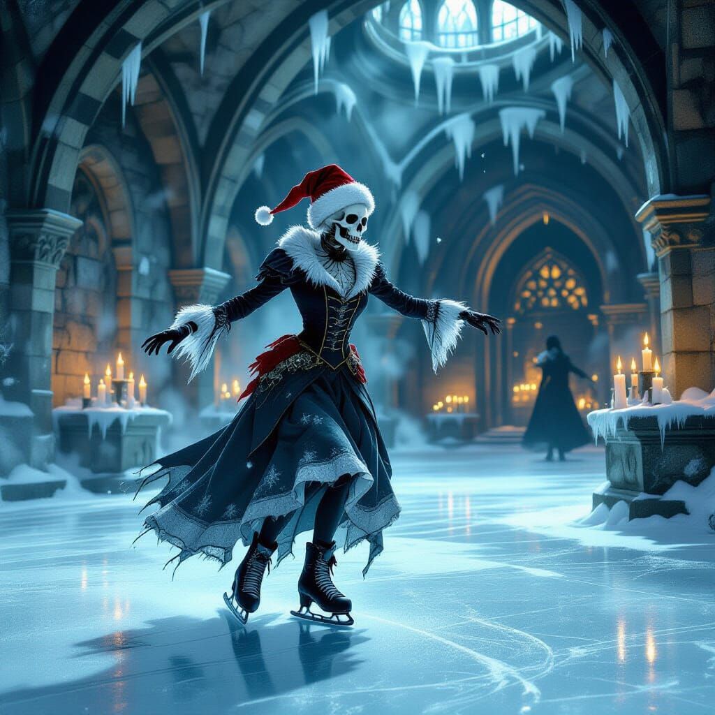 Skeletal Ice Skater in Haunted Crypt