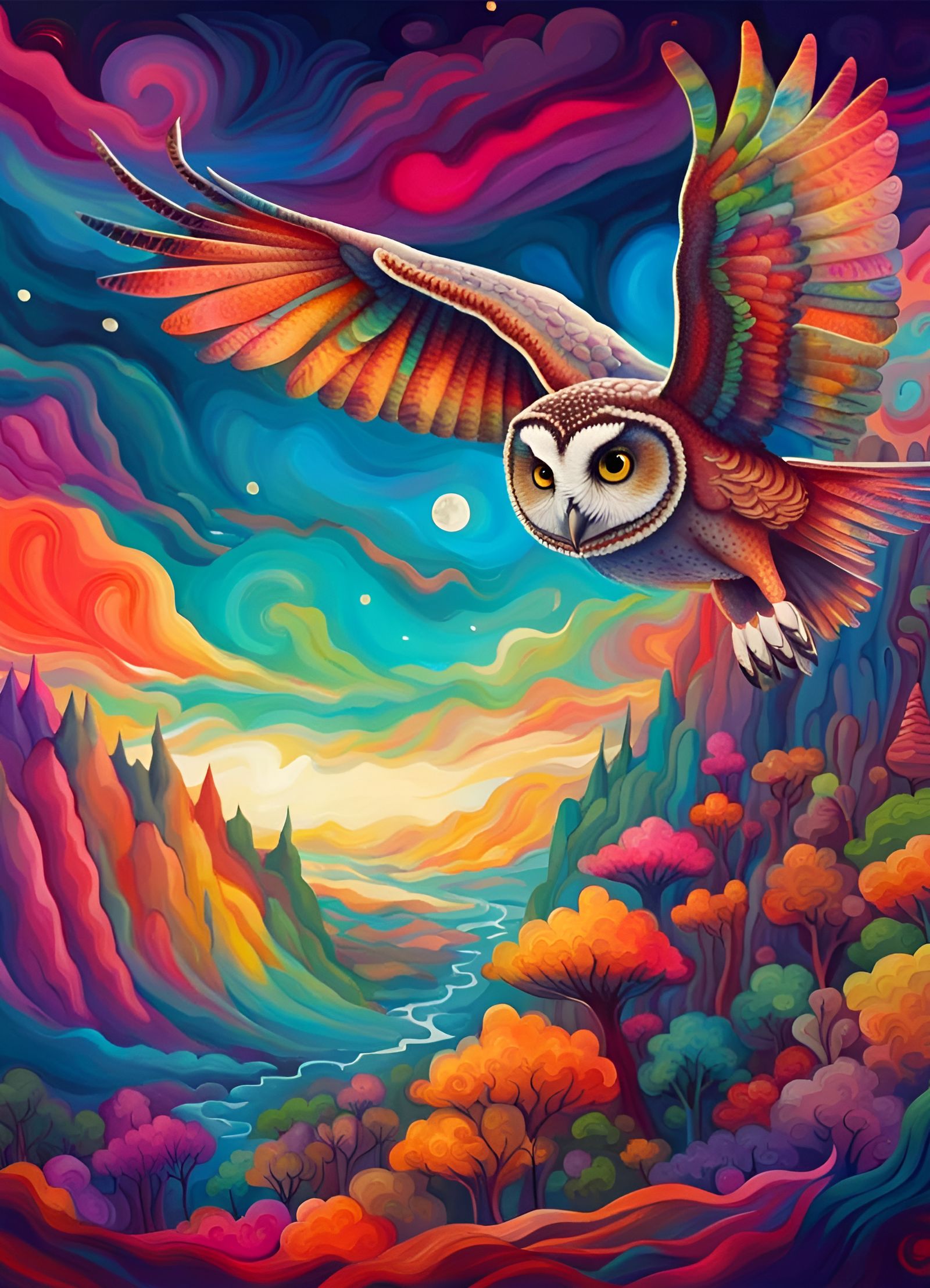 Owl in Flight Over Vivid Fantasy World