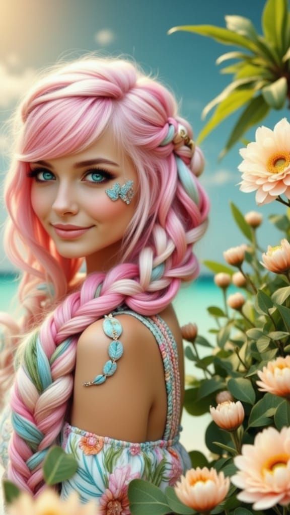 Girl with Pink Braids on Beach in Sunshine