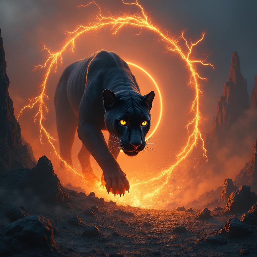 Volcanic Lightning Panther in Dark Fantasy Landscape
