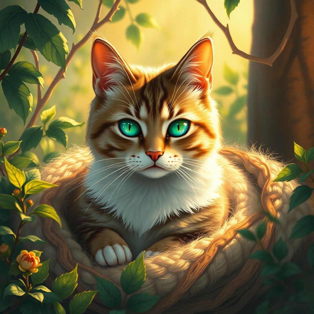 Emerald-Eyed Cat in Impressionist Japanese Garden