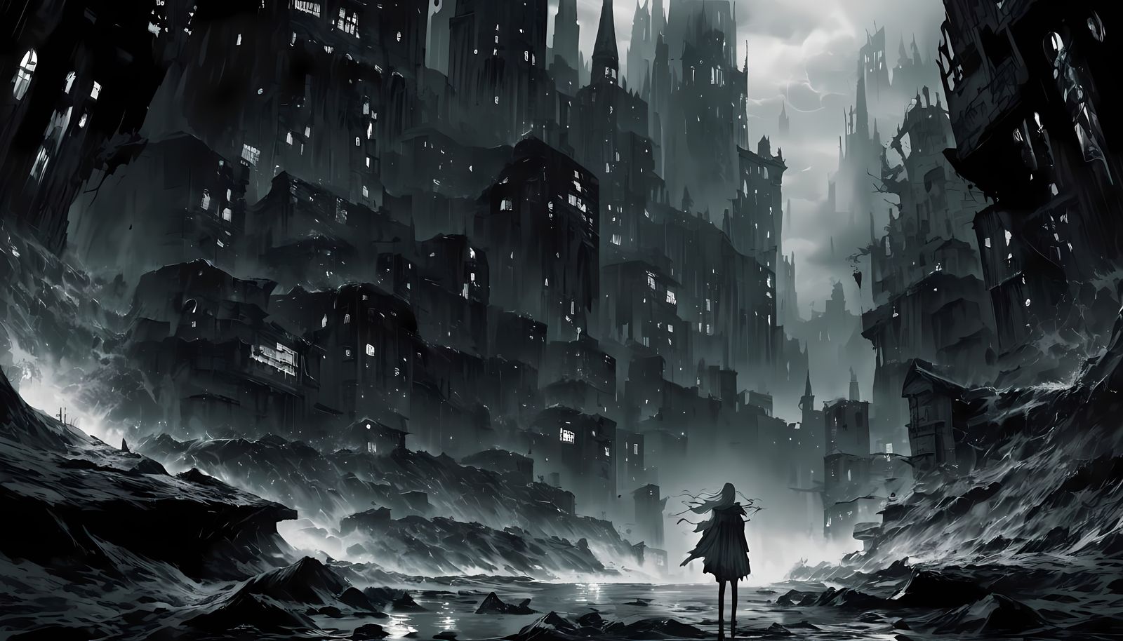 Surreal Dark Fantasy Concept Art of a Young Woman Standing i...