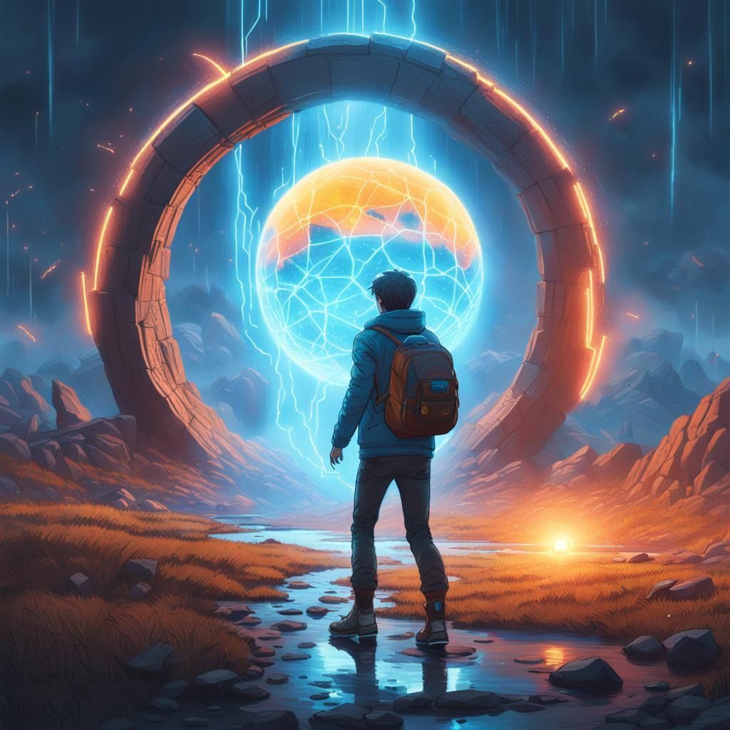 Hero Kicks Glowing Ball in Fantasy Matte Painting