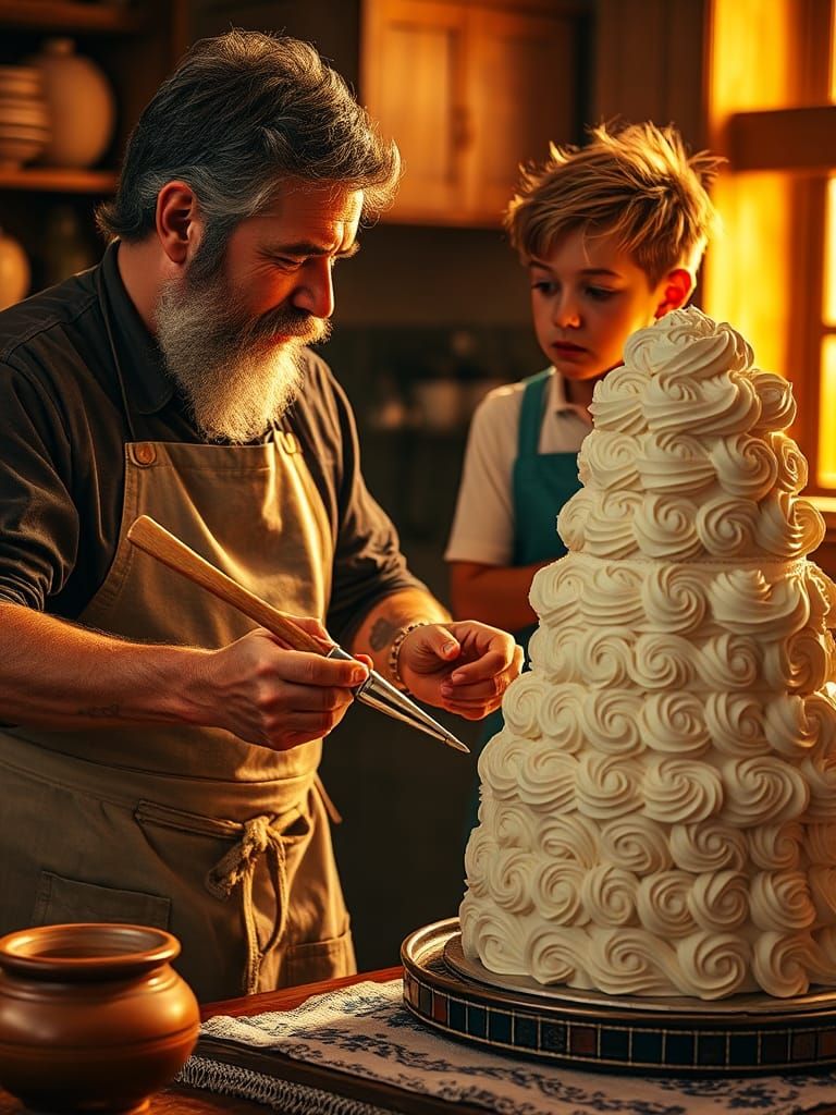 Father and Son Baking a Cake in Rustic Kitchen