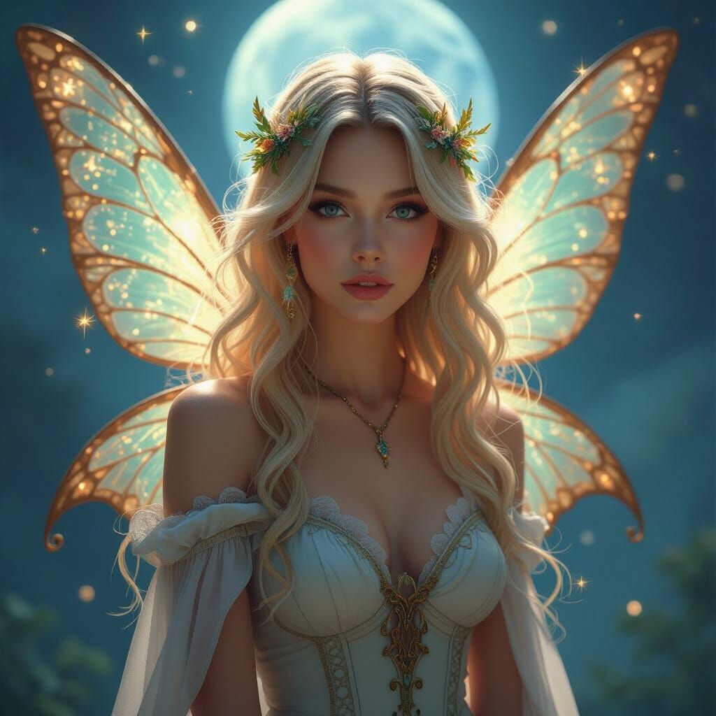 Ethereal Blonde Fairy Woman Under Moonlight