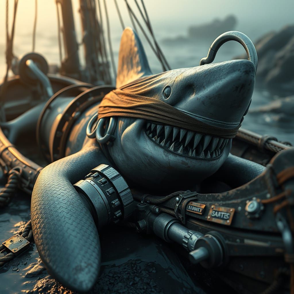 Futuristic Pirate Shark on Boat in Sci-Fi Style