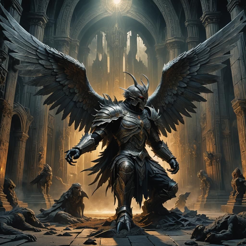 Warrior Before Pazuzu in Dark Gothic Temple