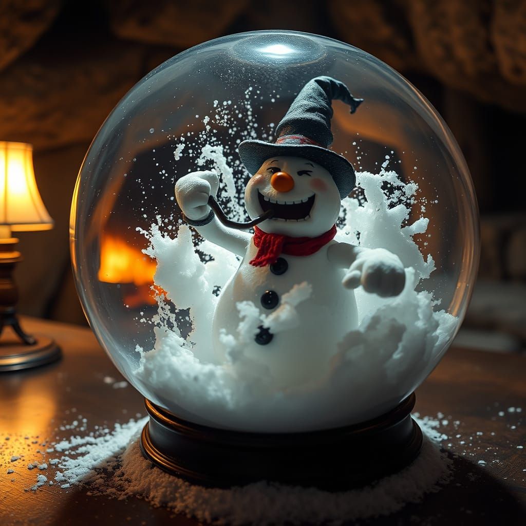 Grumpy Snowman Trapped in Snow Globe, Surreal Art