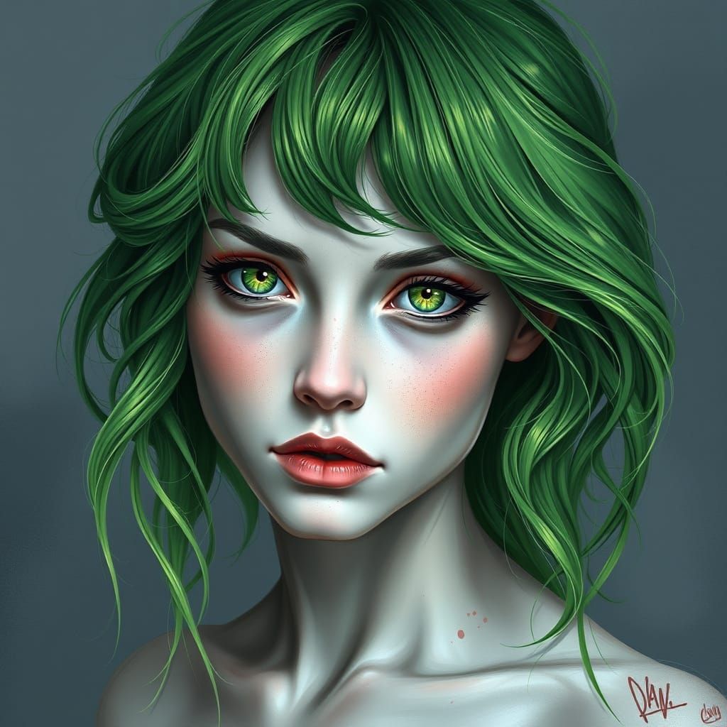 Ethereal Woman with Vibrant Green Hair and Piercing Green Ey...