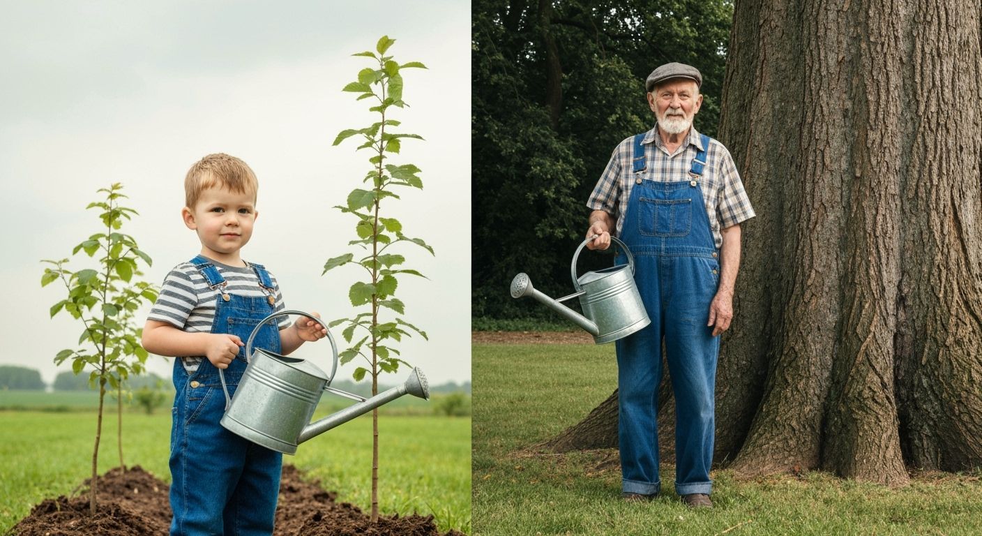 Generational Growth: Boy and Man with Watering Can