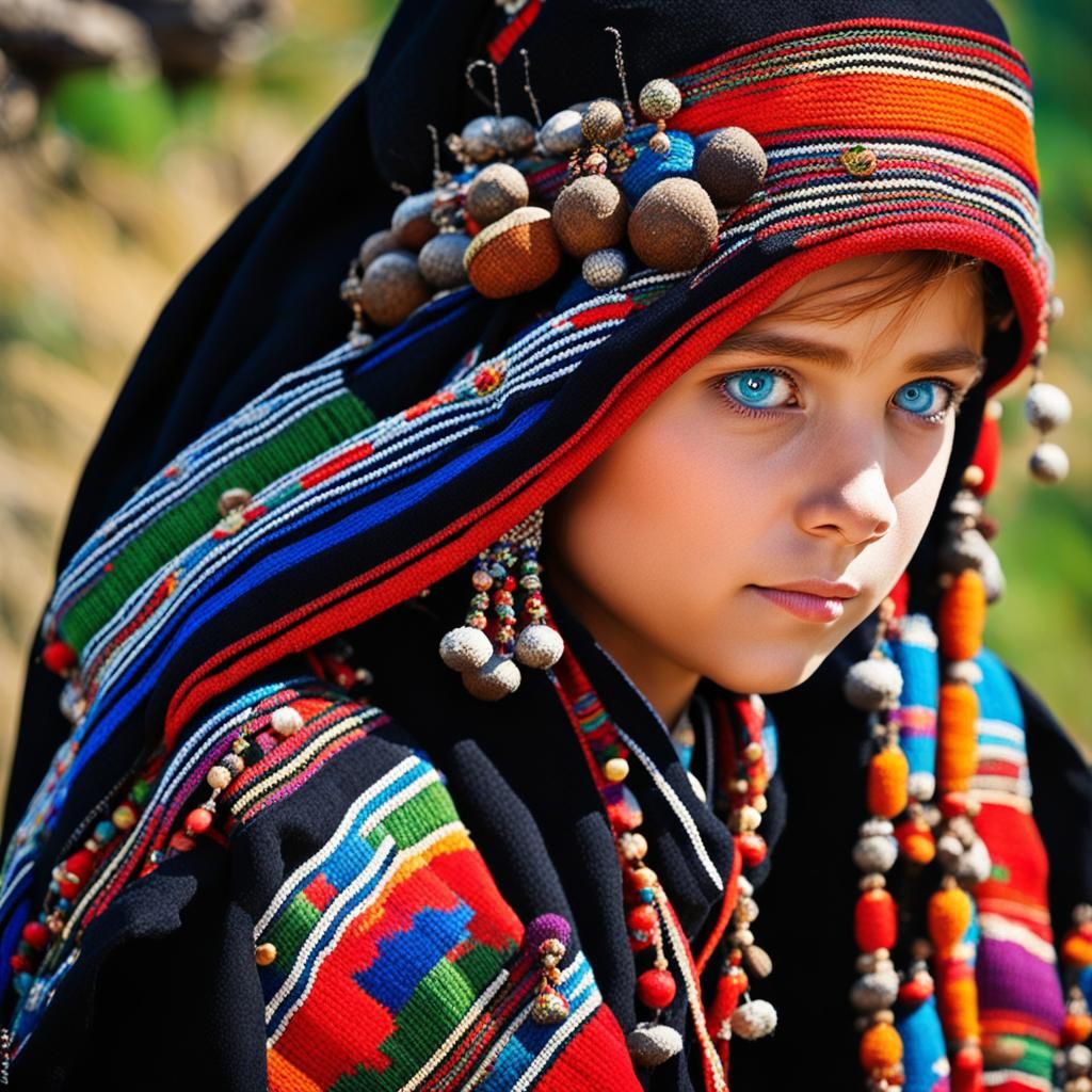Young Blue-Eyed Girl in Traditional Kalash Dress