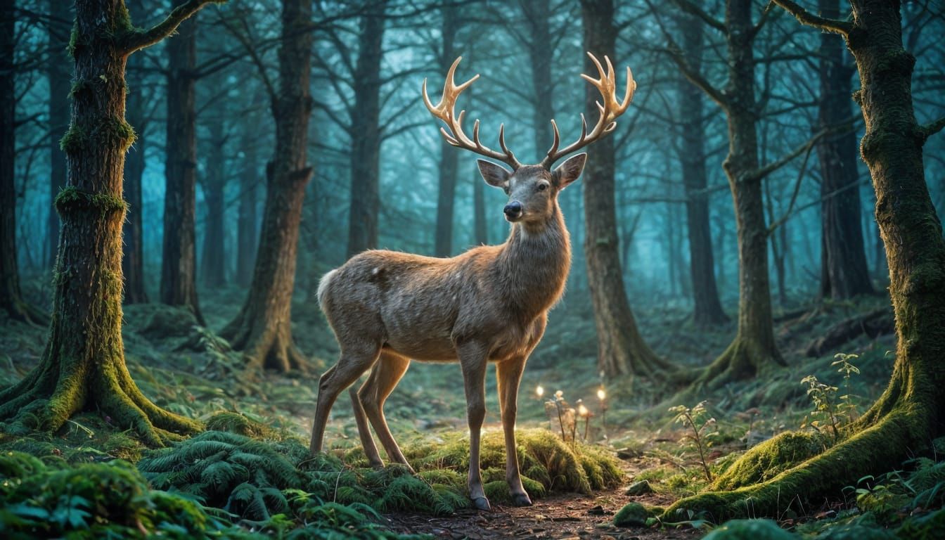 Starlight Deer in Moonlit Forest: A Psychedelic Art Nouveau ...