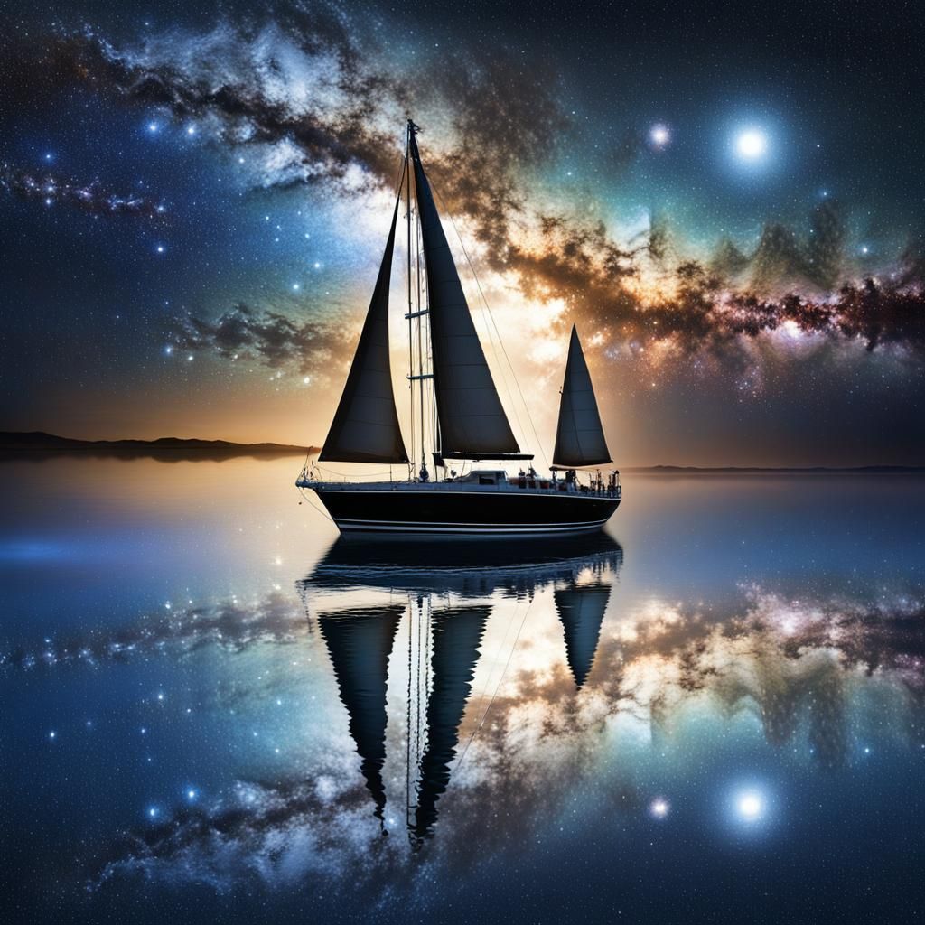 Sailboat Navigates Milky Way in Mirrored Seas