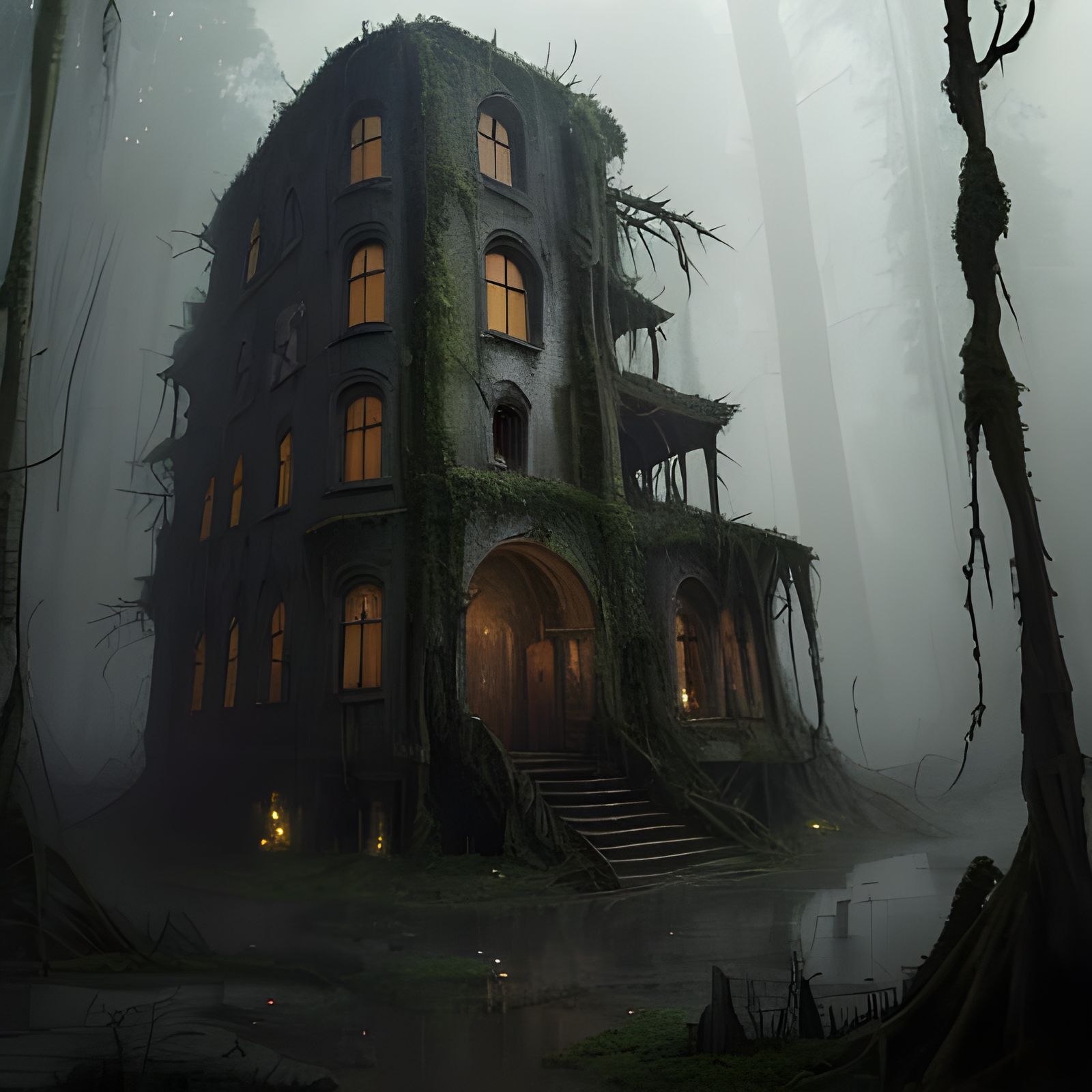 Mysterious Abandoned Mansion in a Haunting Forest Landscape