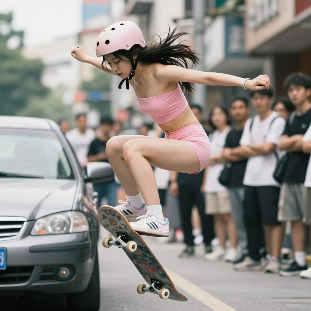 Skateboarder Jumps Car Mid-Air on Busy Street
