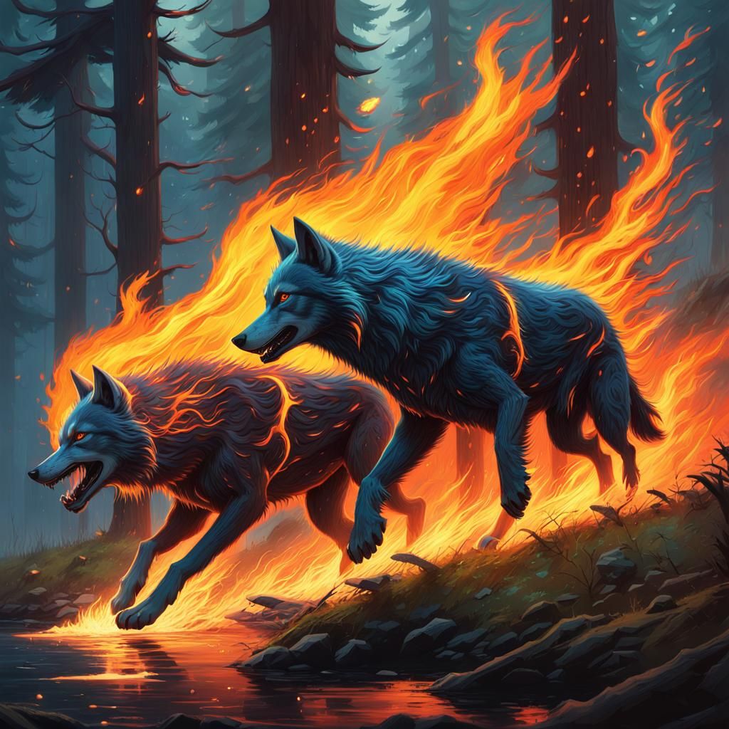 Elemental Wolves Run Through Mystical Forest