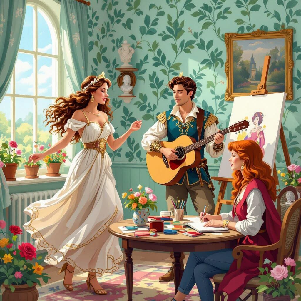 Whimsical Artists in Cosplay, Dreamy Art Nouveau Scene