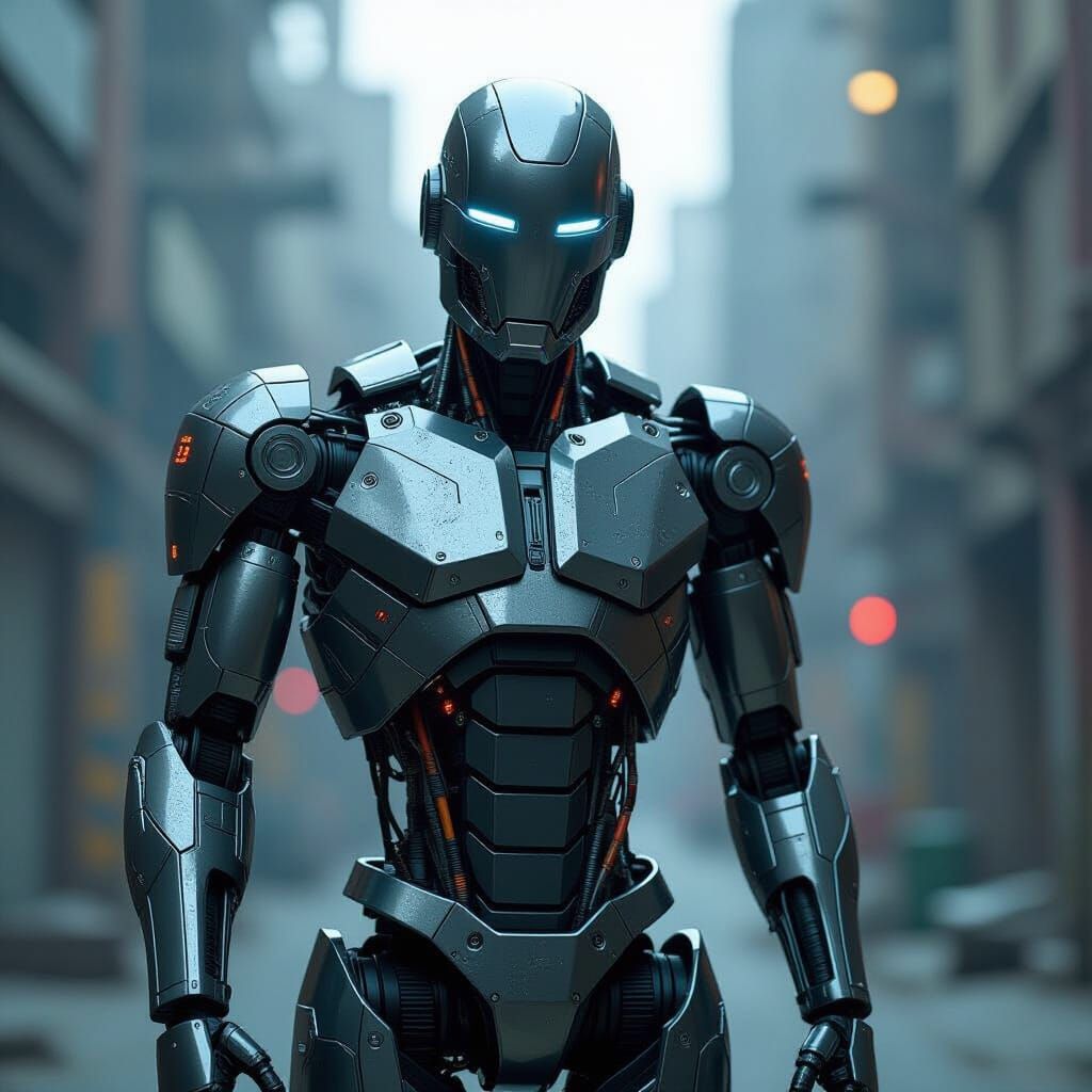 Robot in Metallic Suit in Cyberpunk Style