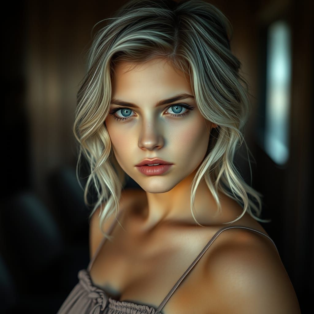 Silver-Haired Woman with Piercing Gaze: Cinematic Portrait