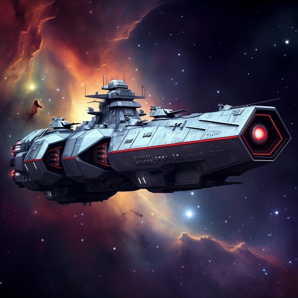 Futuristic Warship Amidst Nebula in Retrofuturistic Style