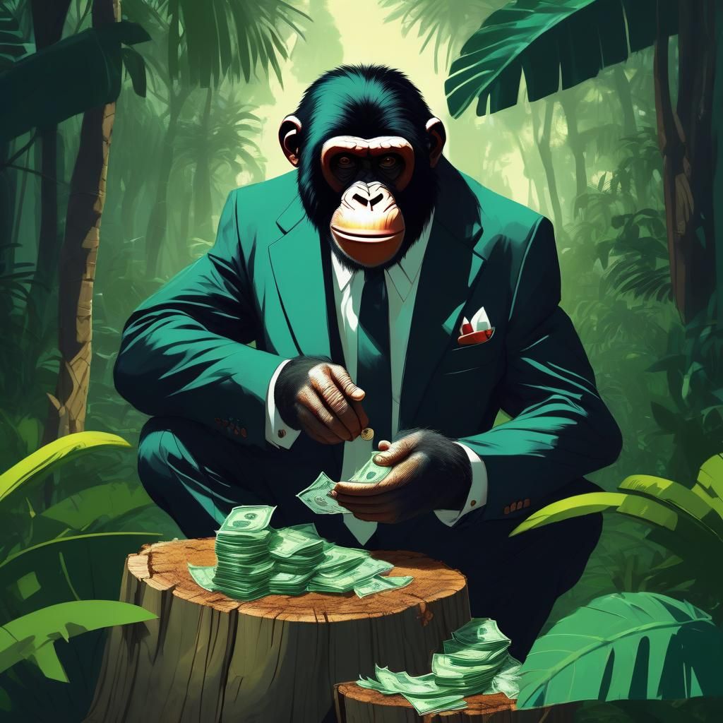 greedy ape counting his money on a tree stump, gangster ape ...