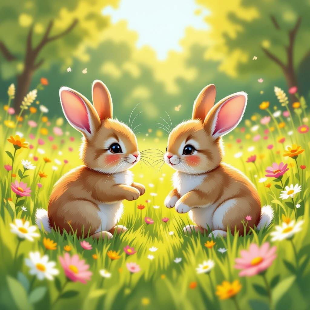 Whimsical Meadow Scene with Rabbits and Kittens