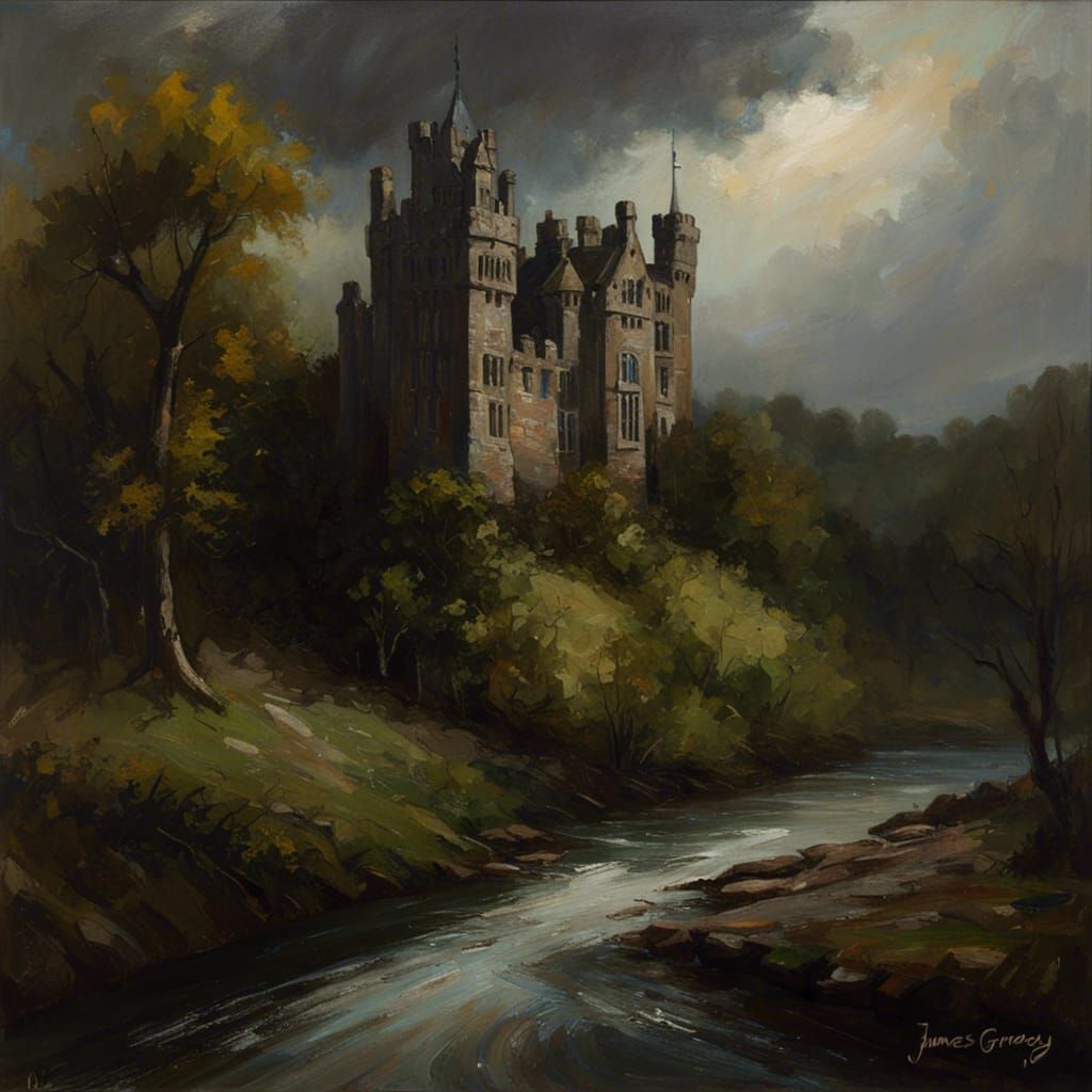 High Gothic Castle House by River as Oil Painting