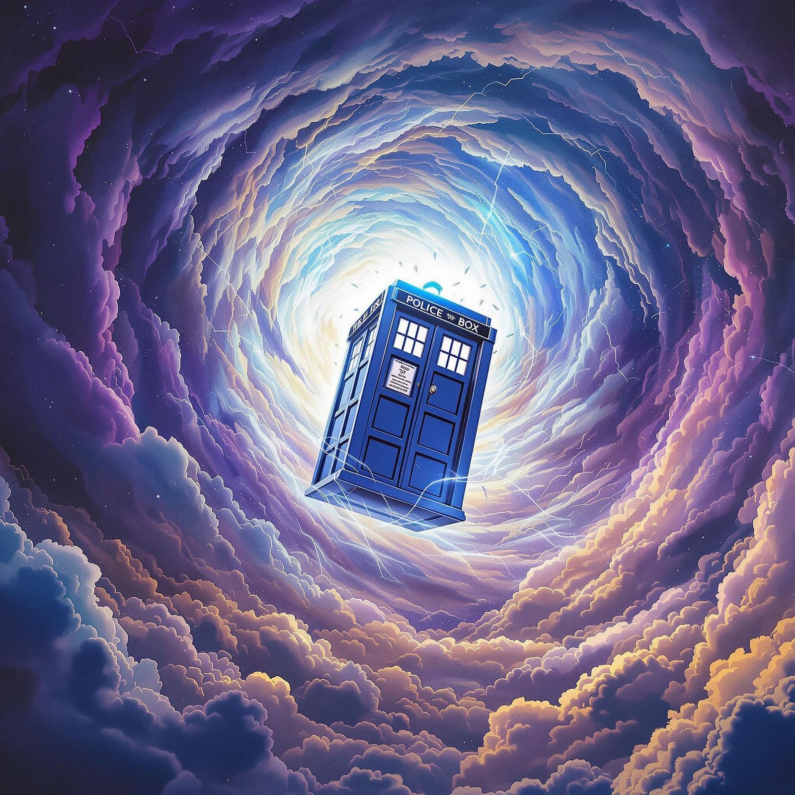 TARDIS in Cosmic Hurricane, Surreal Sci-Fi Art