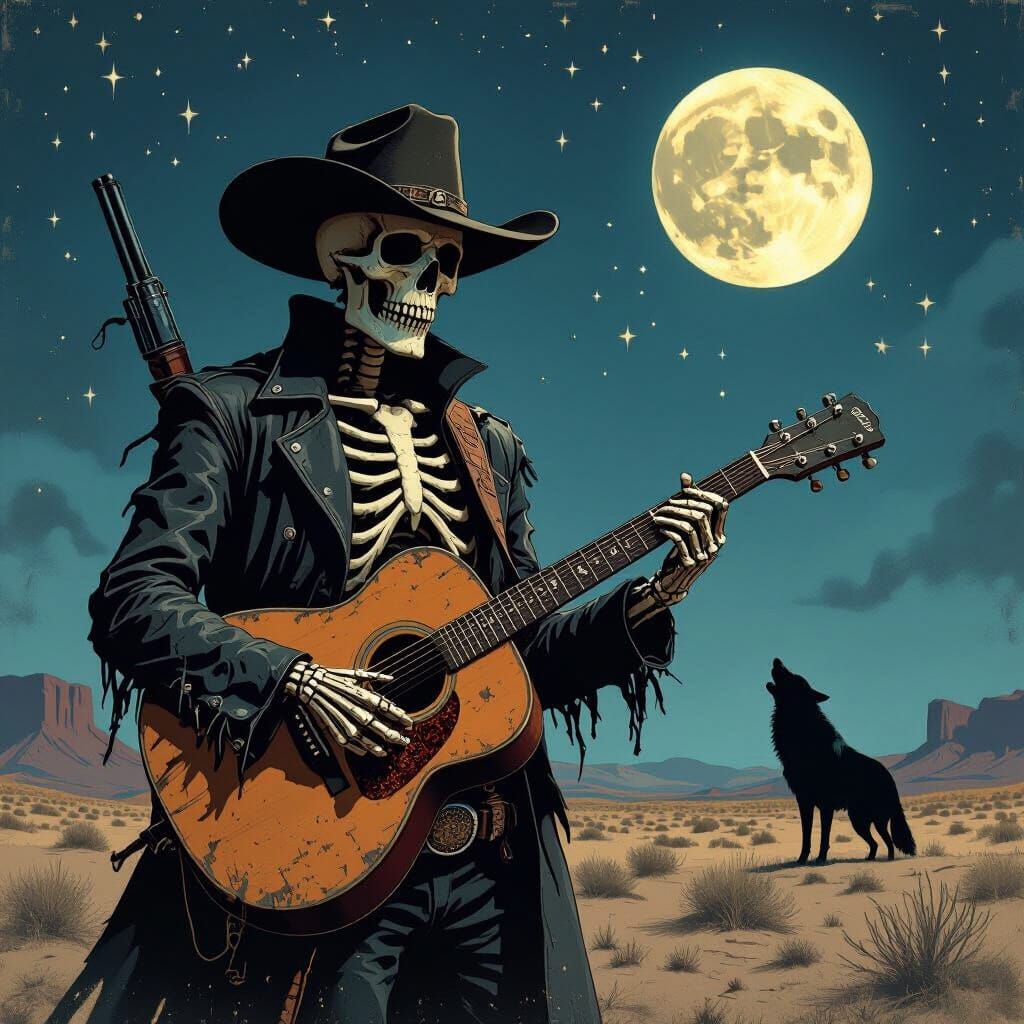 Skeleton Gunslinger With Guitar Under Moonlit Desert Sky