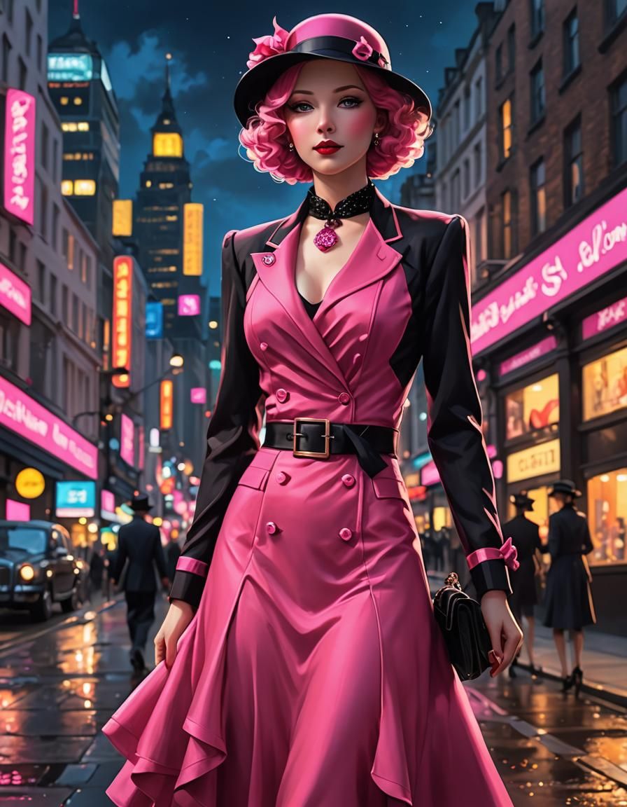 Hot Pink 1930s Suit in London, Anime Style