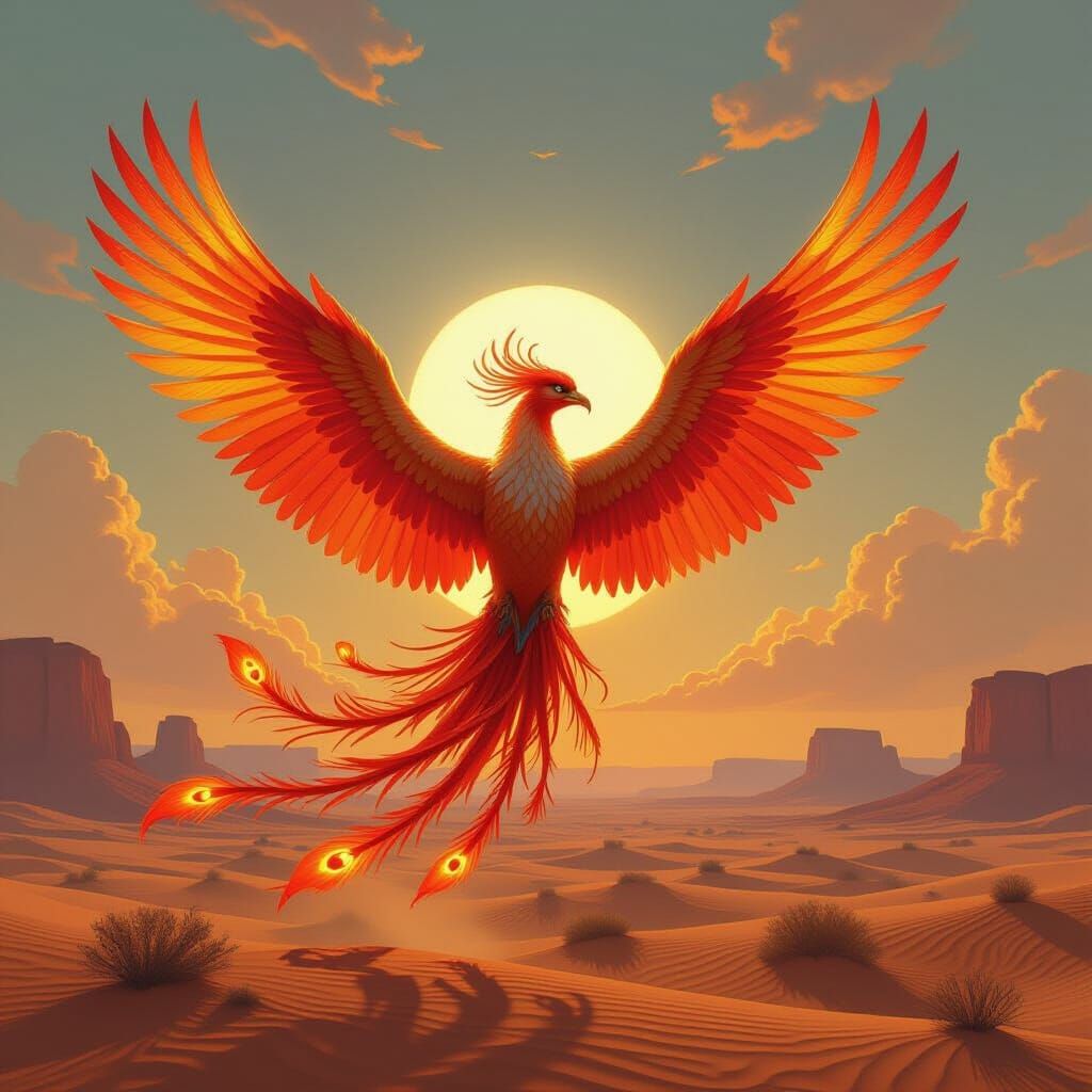 Majestic Phoenix Rises Above Arid Desert in Fiery Plumage