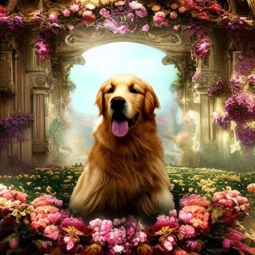 Steampunk Golden Retriever in a Flower Garden