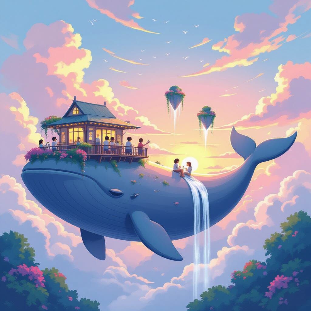 Whimsical Sky Whale Cafe at Pastel Dawn