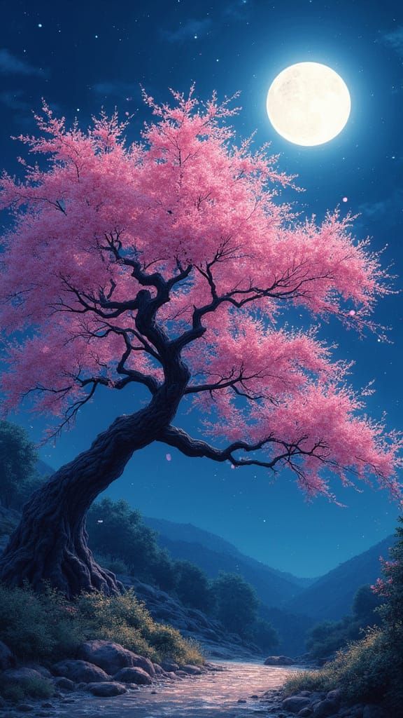 Ethereal Moonlit Sakura Blooms in Dreamy Watercolor Style