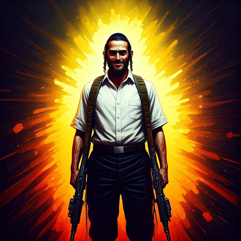 Orthodox Jewish Man Wielding Rifles in Dramatic Lighting