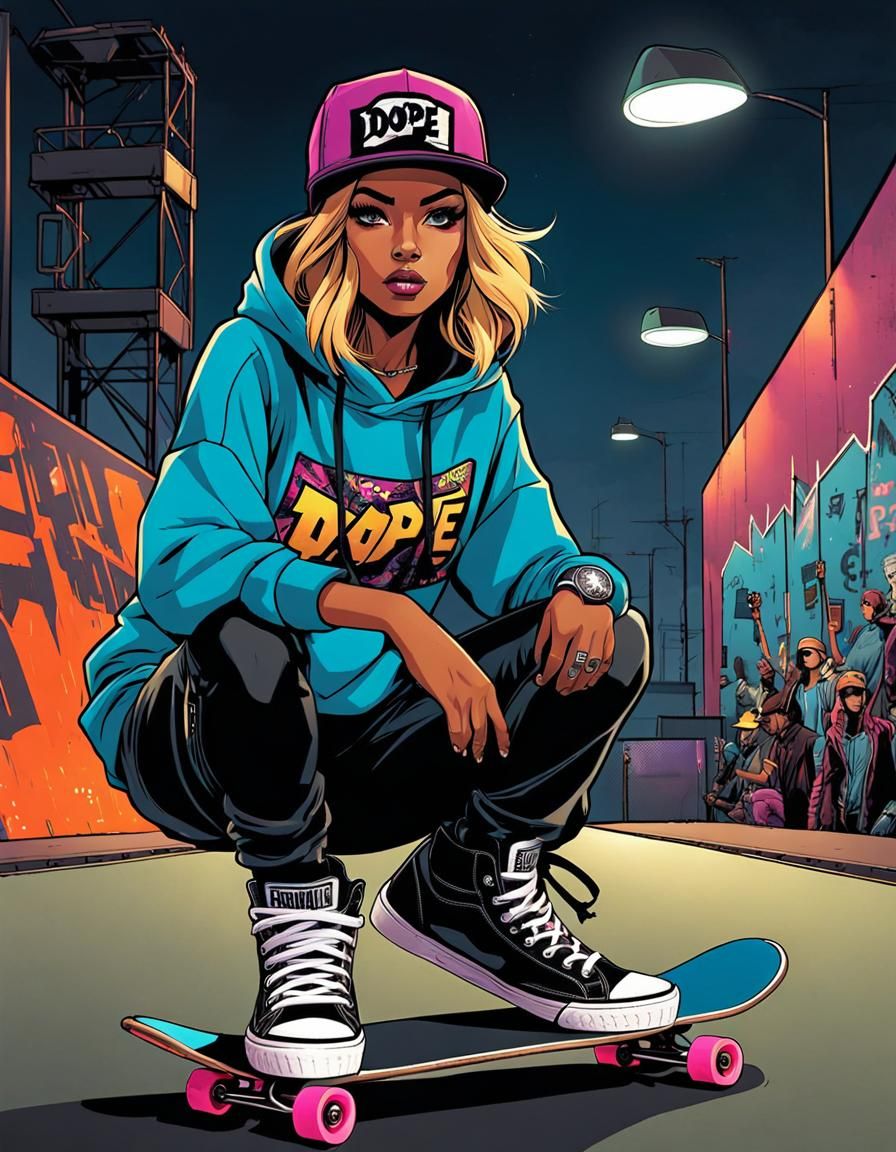 Skater Girl Comic Art in Inkpunk Style
