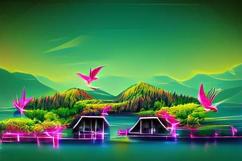 Synthwave Neon Retro Cottage in Forest with Birds