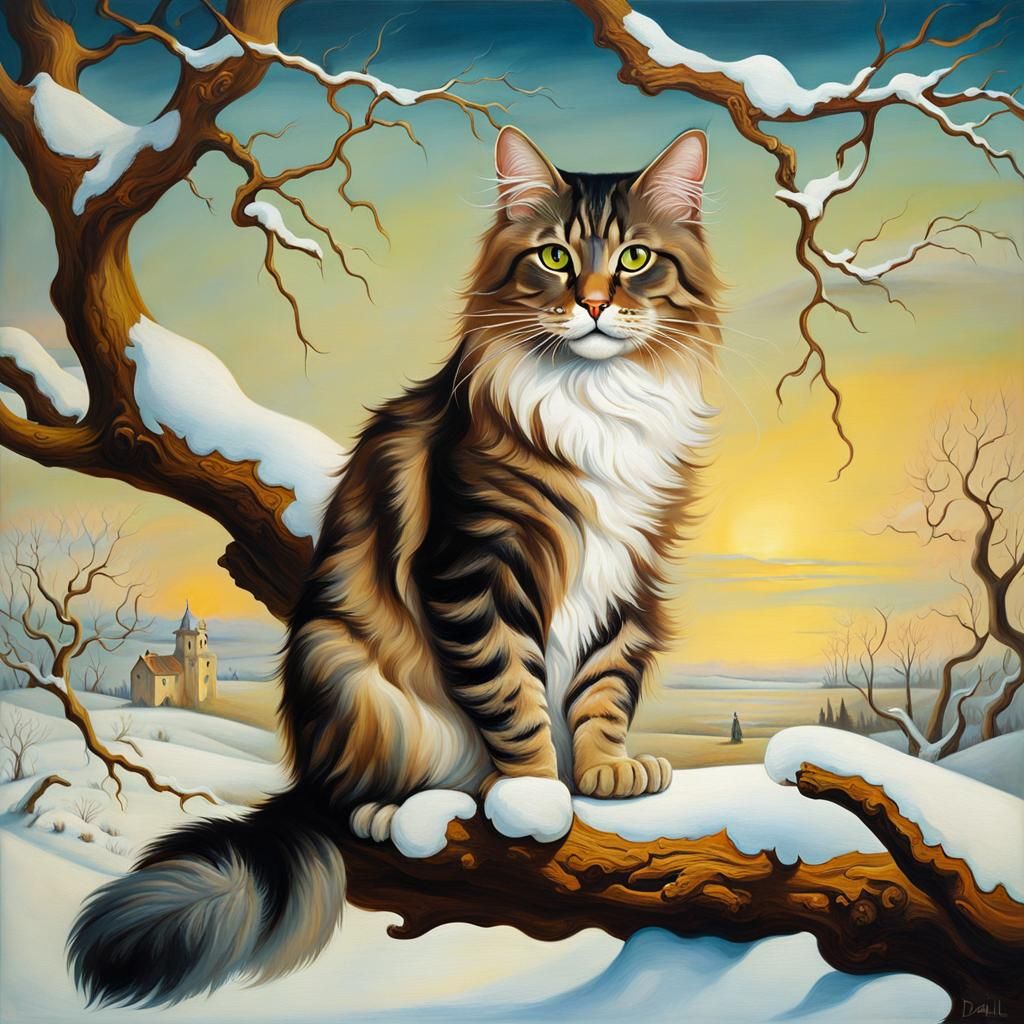 Maine Coon Cat on Snowy Branch in Surrealist Style