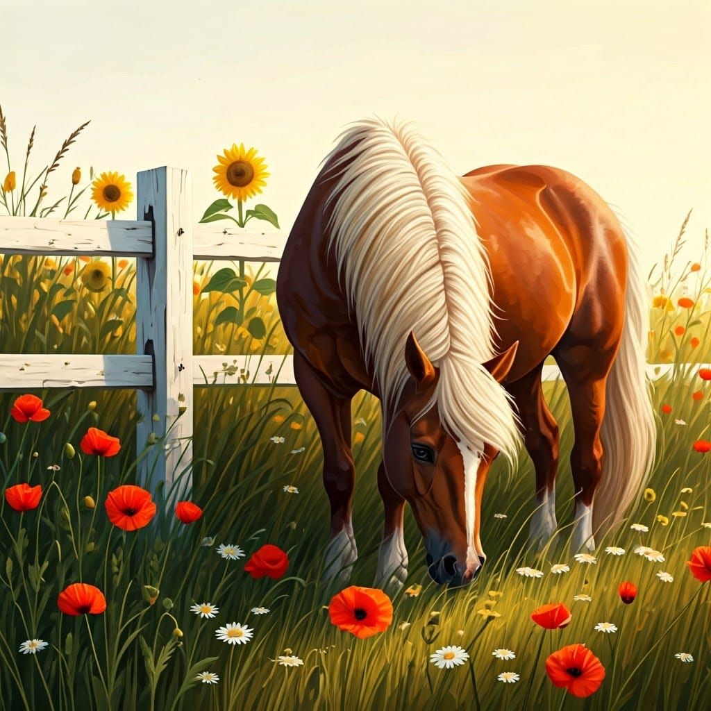 Charming Chestnut Pony in a Sun-Drenched Meadow, Whimsical C...