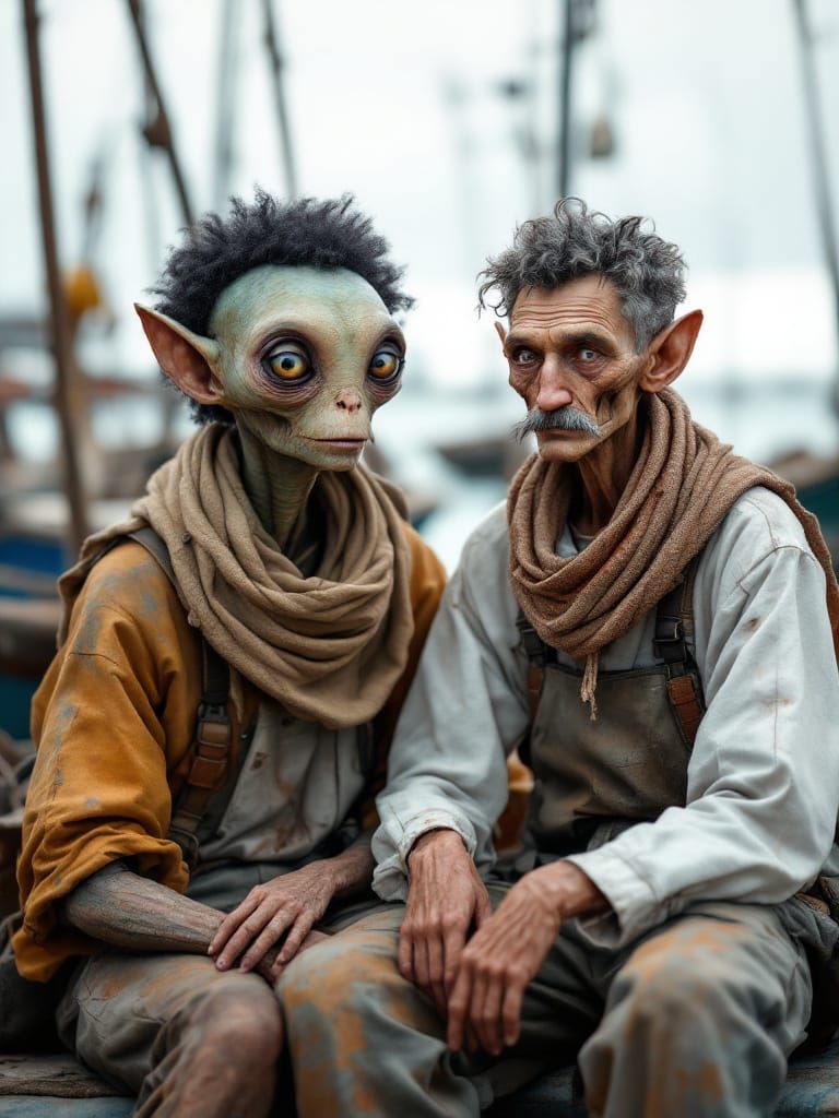 Fisherman and Alien on Boat in Magical Realism